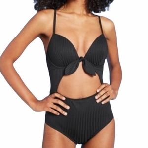 Shade & Shore Black Tie Front Sexy Cut Out One Peice Swimsuit